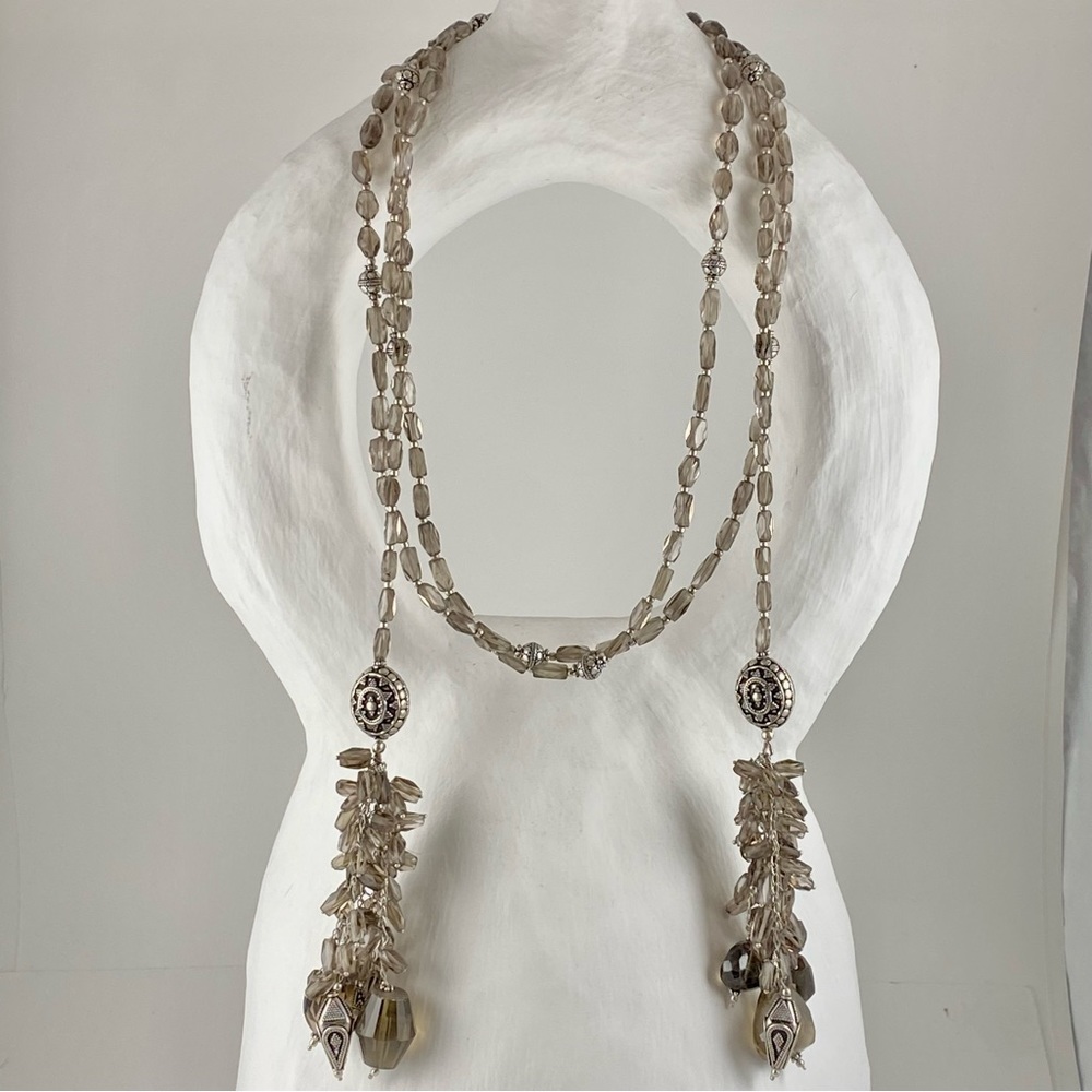 New Smoky Quartz Sterling Silver Long Strand and Tasseled Lariat Necklace